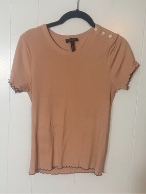 Ribbed Short Sleeve Top with Button Detail - Tan Mauve color